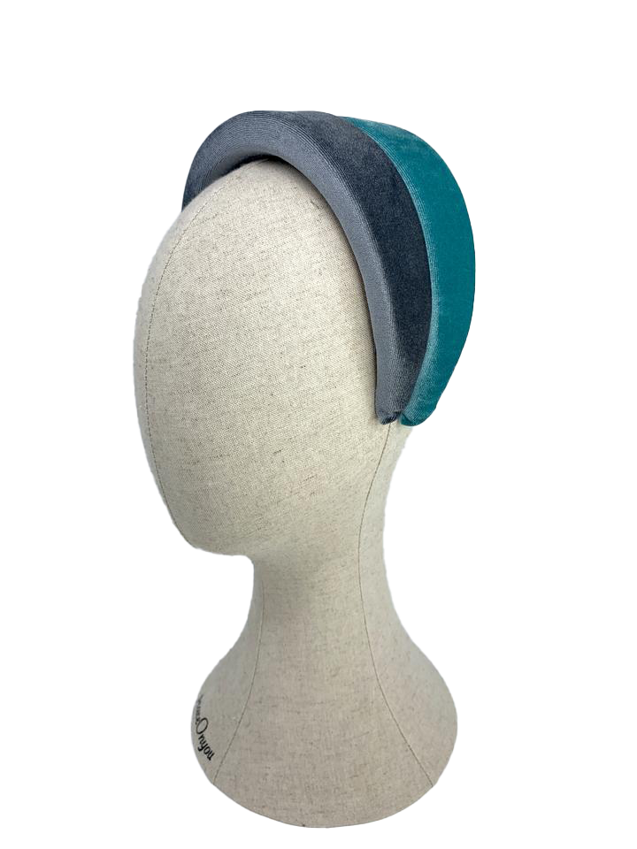 2 Padded headband in velvet in celedon green and blue gray color.