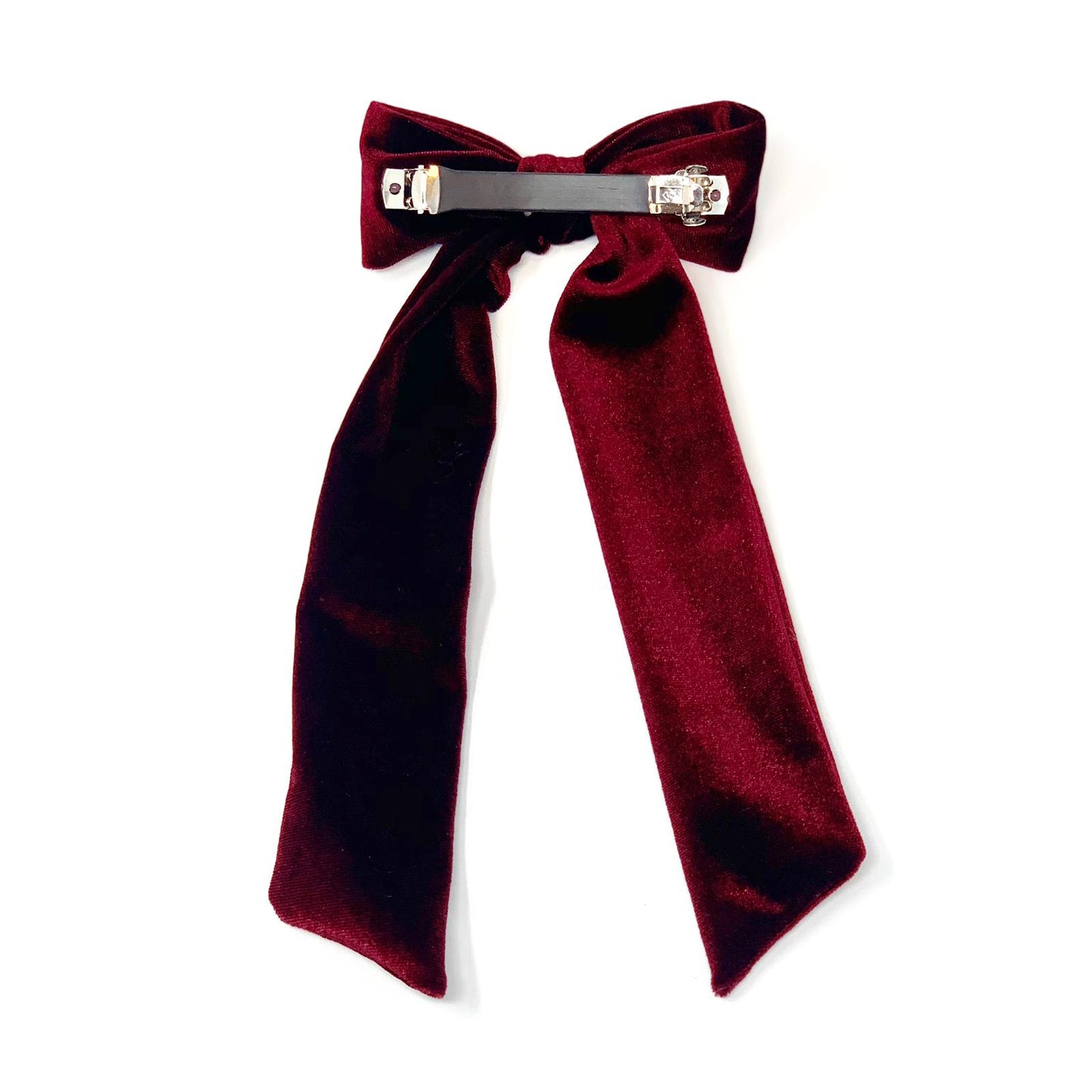 Hair clip with a long velvet bow in dark red color